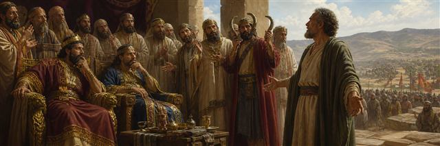 Micaiah standing alone before Ahab, Jehoshaphat, and many flattering prophets